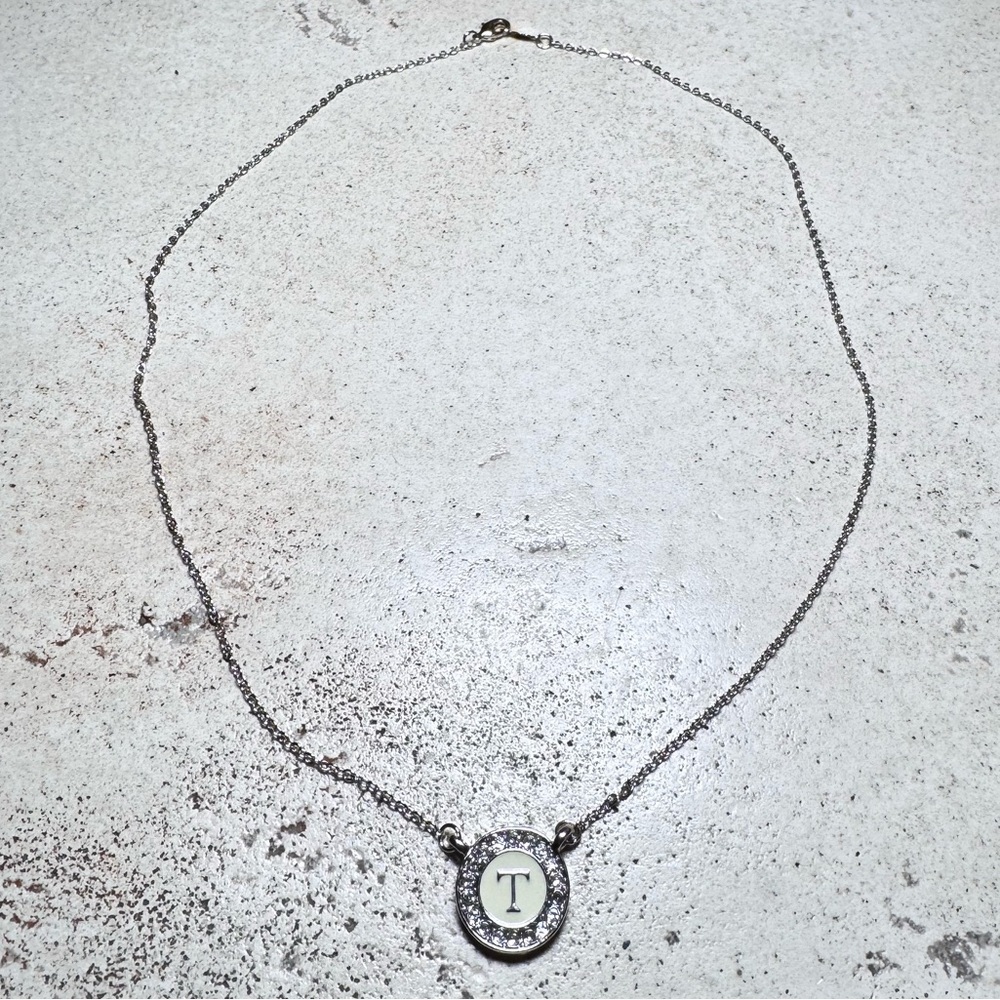 White Gold Bonded “T” Letter Necklace with Rhinestone Halo